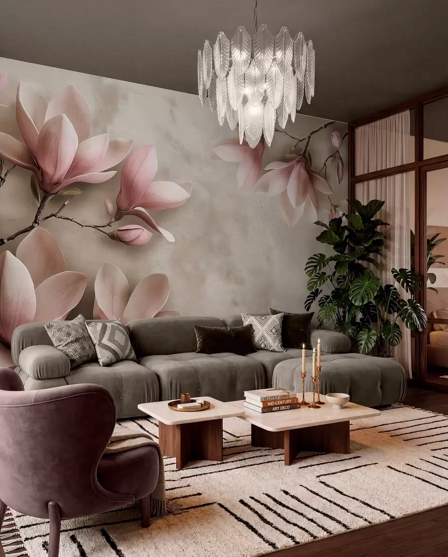 Fototapetes Delikātas rozā magnolijas uz betona sienas sēpijas toņos w08636v2