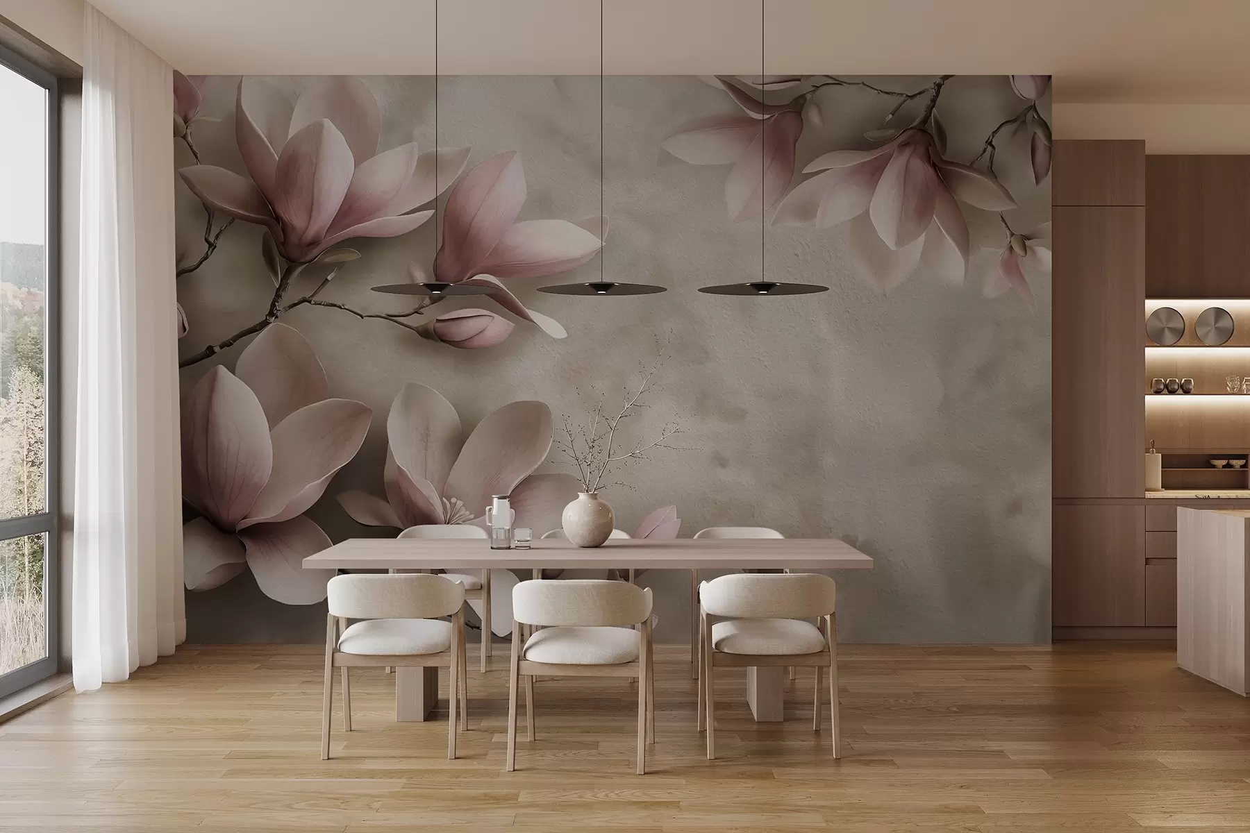 Fototapetes Delikātas rozā magnolijas uz betona sienas sēpijas toņos w08636v2