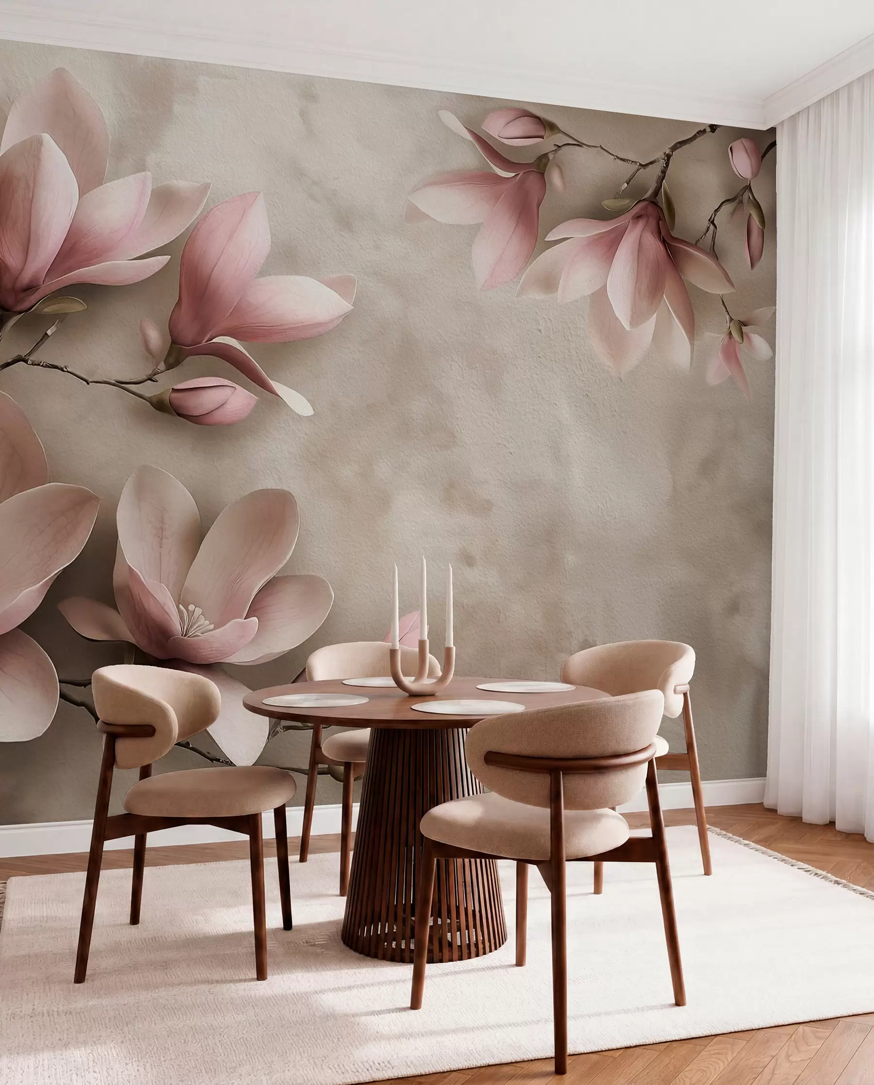 Fototapetes Delikātas rozā magnolijas uz betona sienas sēpijas toņos w08636v2