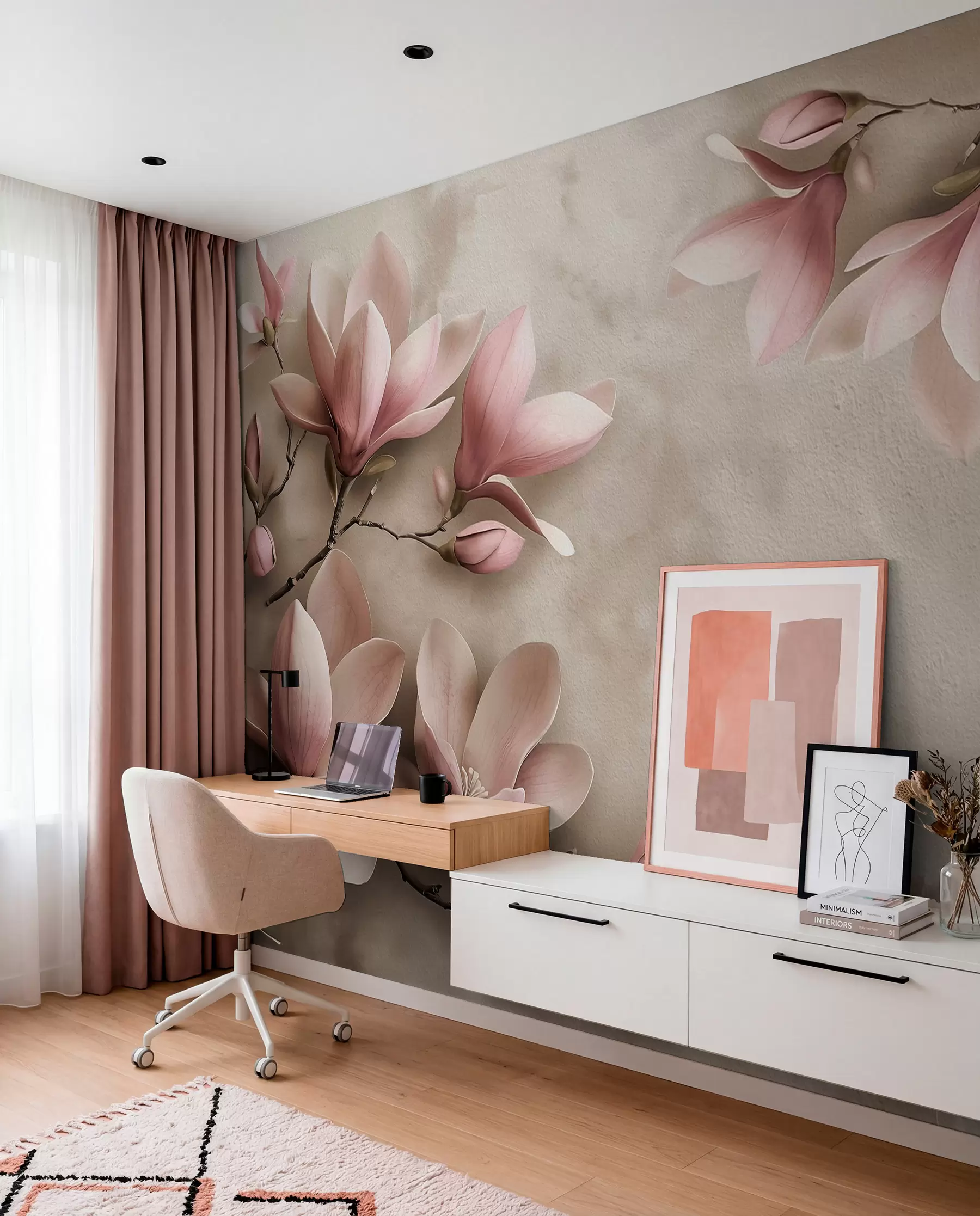 Fototapetes Delikātas rozā magnolijas uz betona sienas sēpijas toņos w08636v2