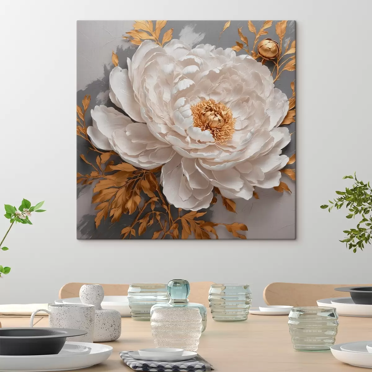 Glezna Balta peonija uz pelēka fona s42260