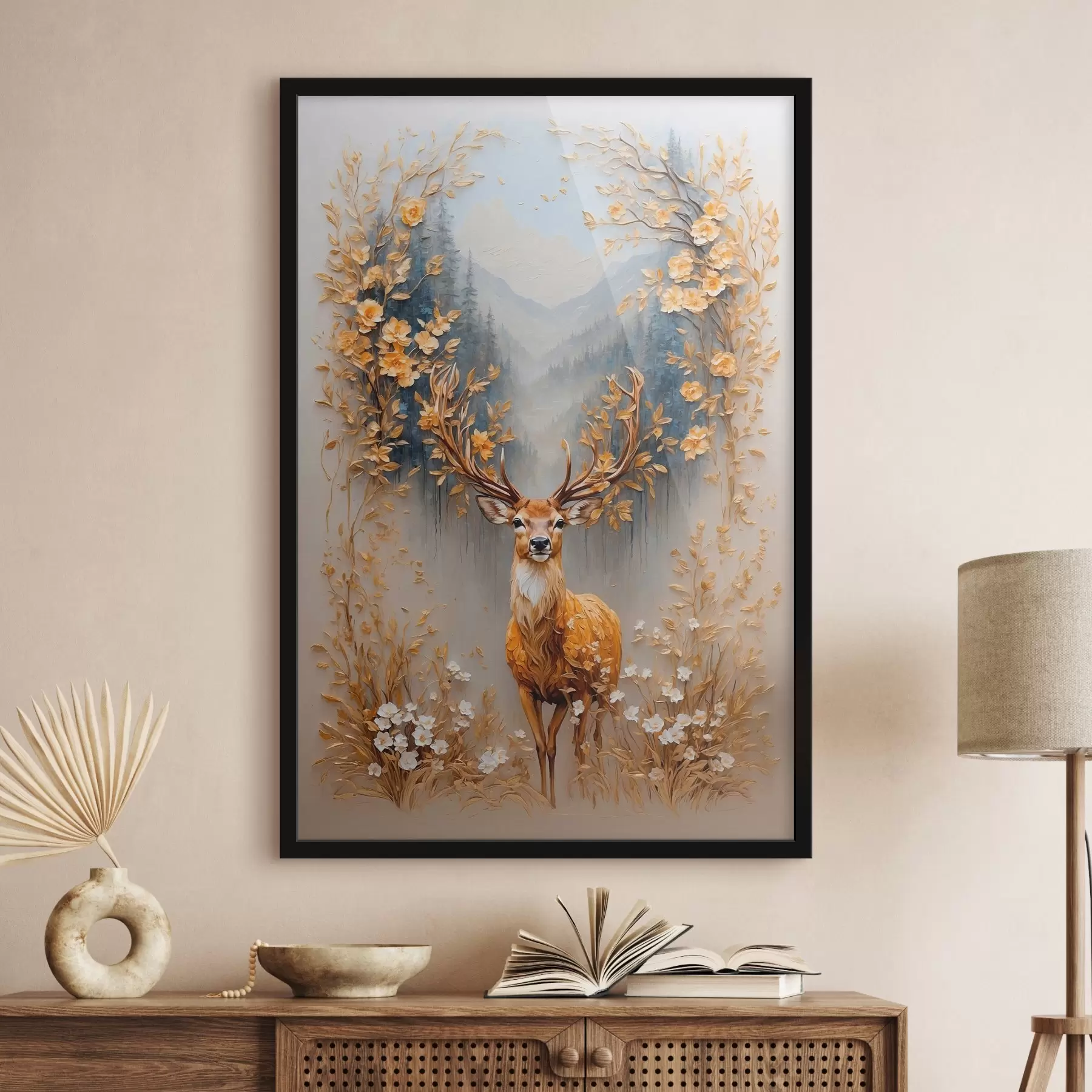 Glezna Briedis ar lieliem ragiem uz meža fona f42252