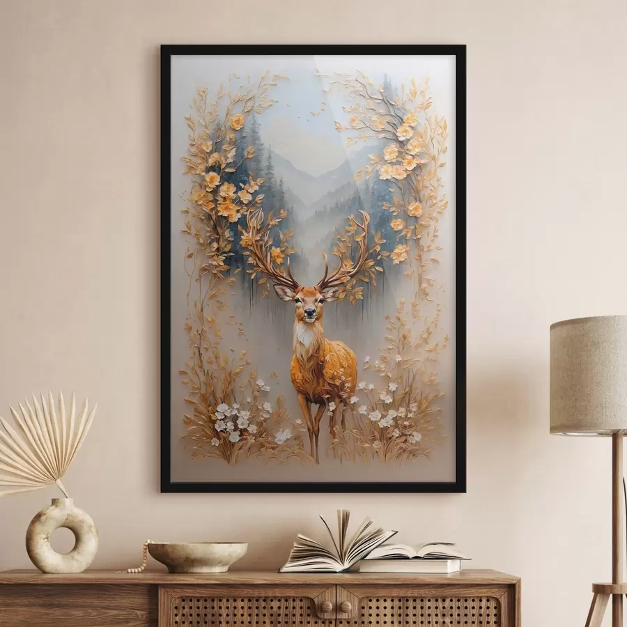 Fototapetes Briedis ar lieliem ragiem uz meža fona f42252