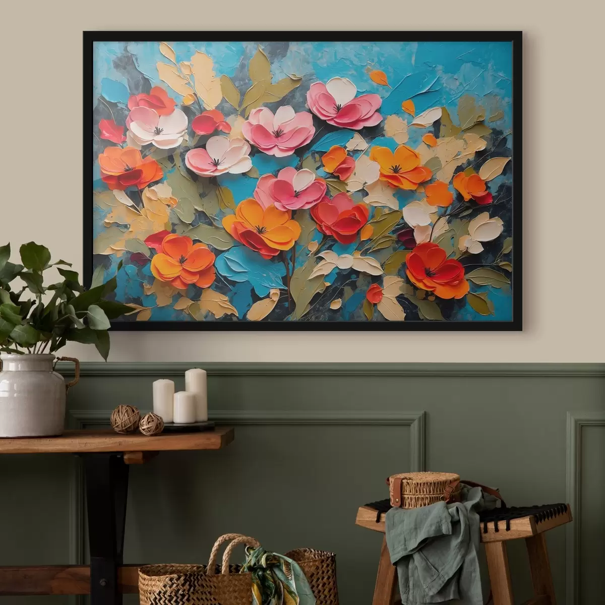 Plakāts Ziedi un lapas uz zila fona f42255