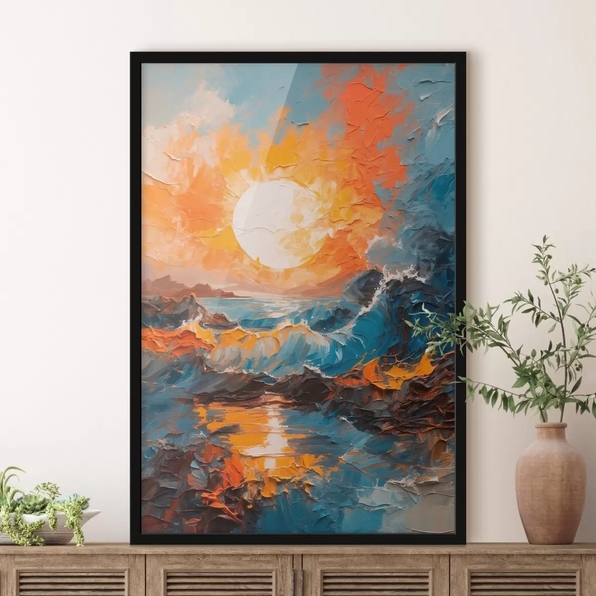 Plakāts Vētraina jūra un saule eļļas gleznošanas stilā f42257