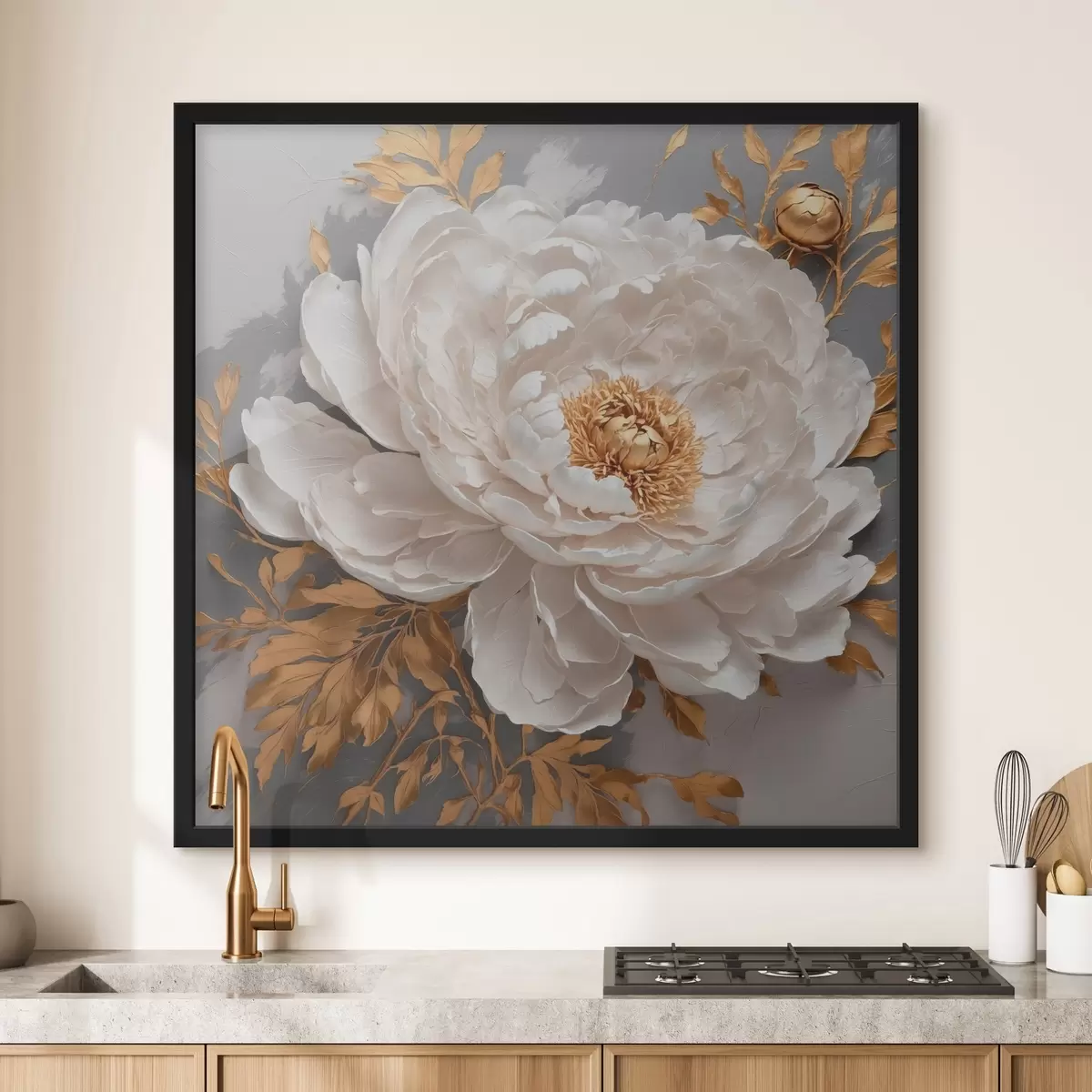 Plakāts Balta peonija uz pelēka fona f42260