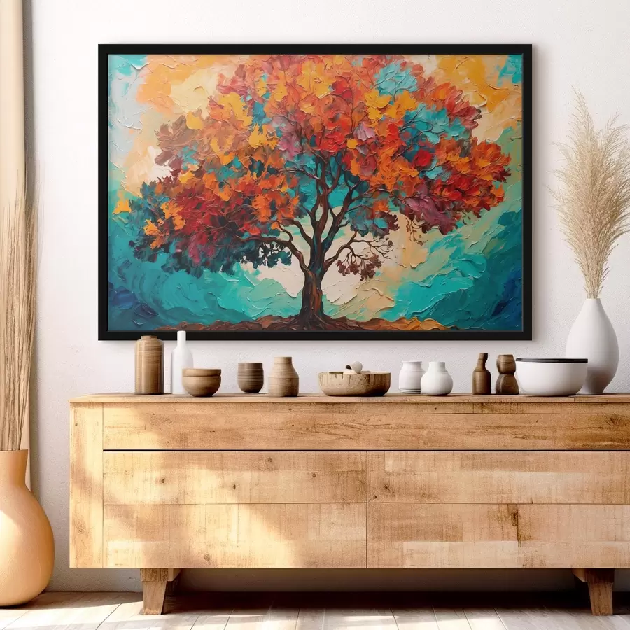 Fototapetes Koks uz oranži zila fona eļļas gleznošanas stilā f42267