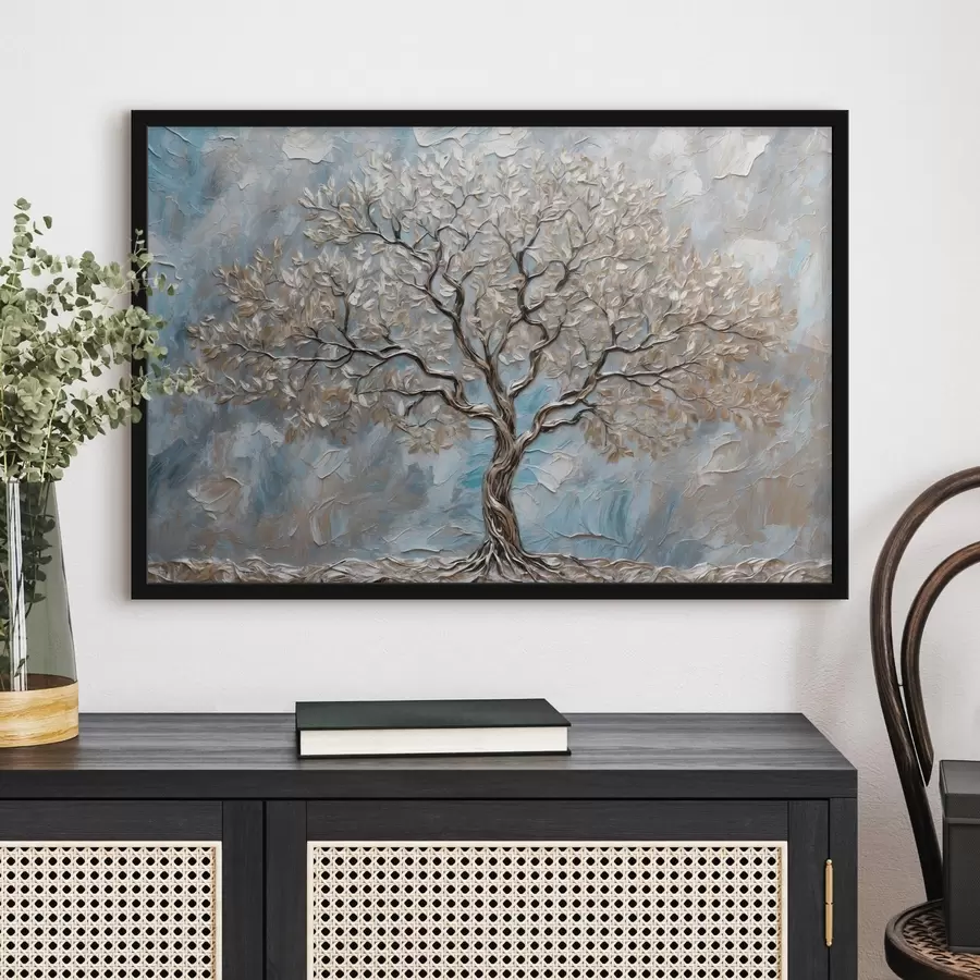 Fototapetes Sudraba koks uz zili pelēka fona f42273