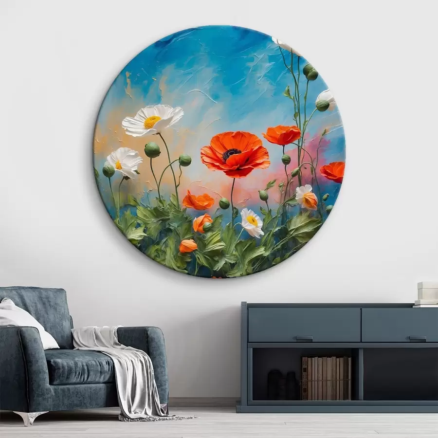 Glezna Margrietiņas un magones uz zila fona r42261