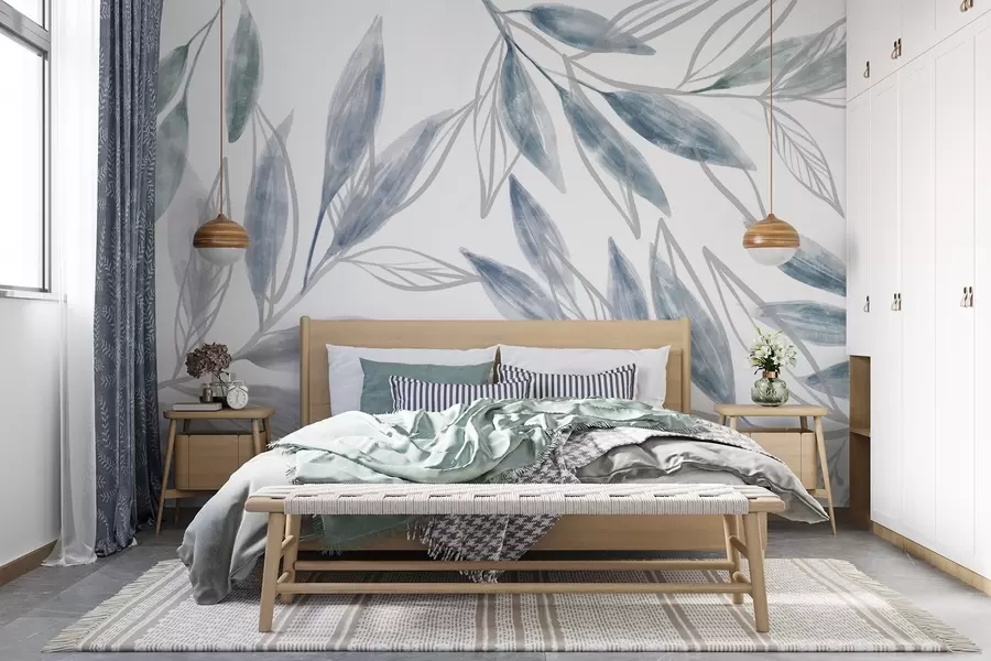 Fototapetes Delikātas zilas un pelēkas pasteļtoņu lapas, kas veido mierīgu un minimālisma pilnas krāsas botānisku kompozīciju w08642v1