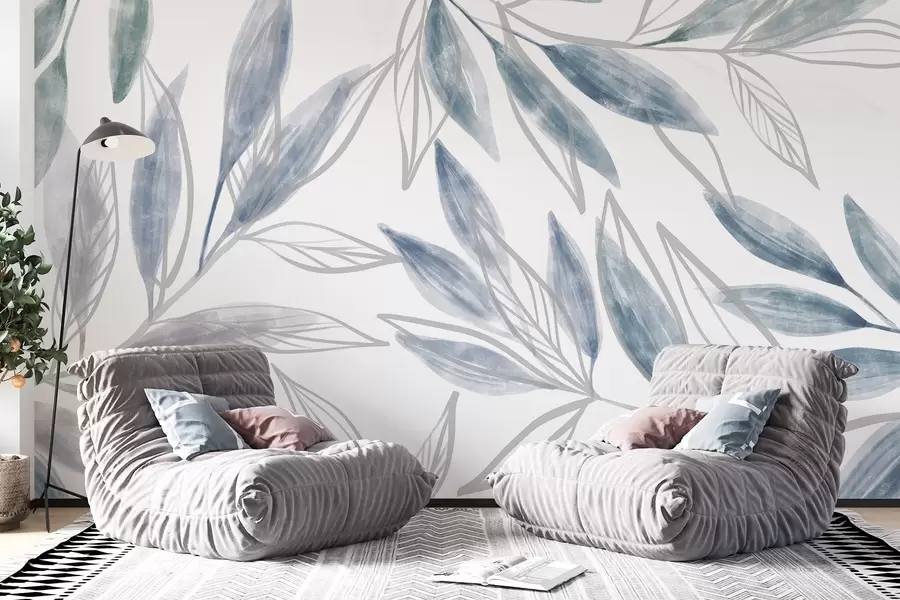 Fototapetes Delikātas zilas un pelēkas pasteļtoņu lapas, kas veido mierīgu un minimālisma pilnas krāsas botānisku kompozīciju w08642v1