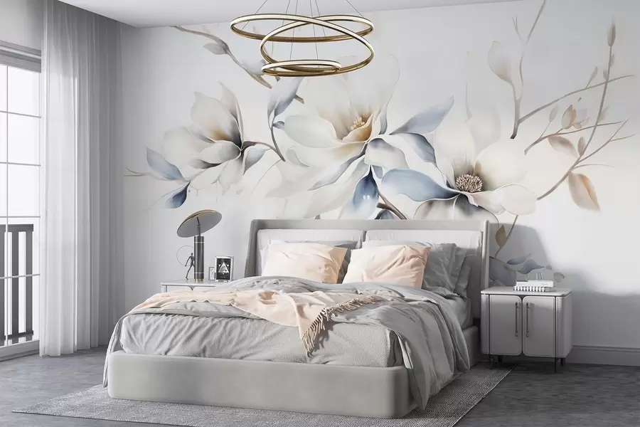Fototapetes Maigi balti magnolijas ziedi ar maigi zilām ziedlapiņām uz gaiša fona akvareļu imitācija minimālisms  w08644