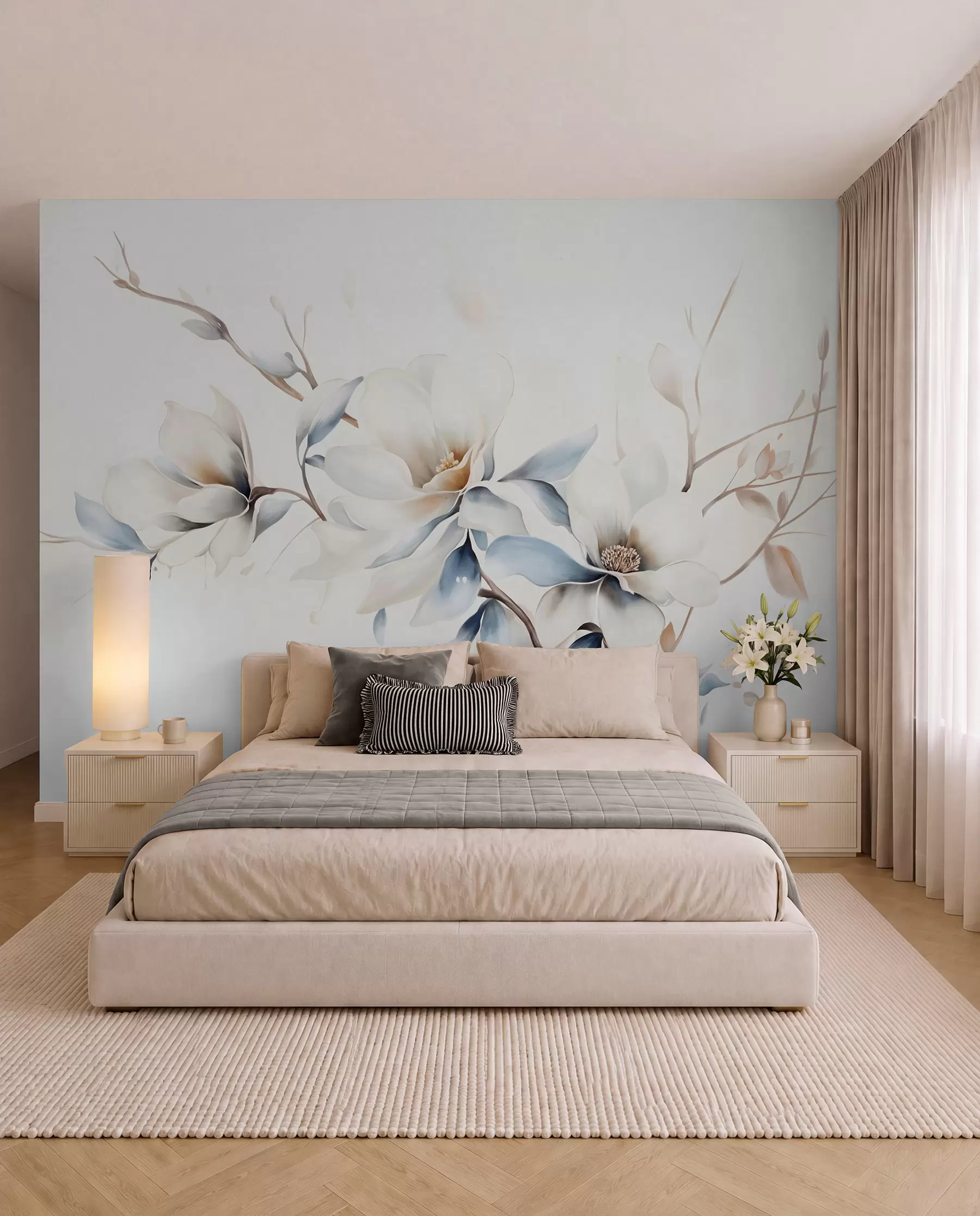 Fototapetes Magnolija zilā un krēmkrāsā w08644