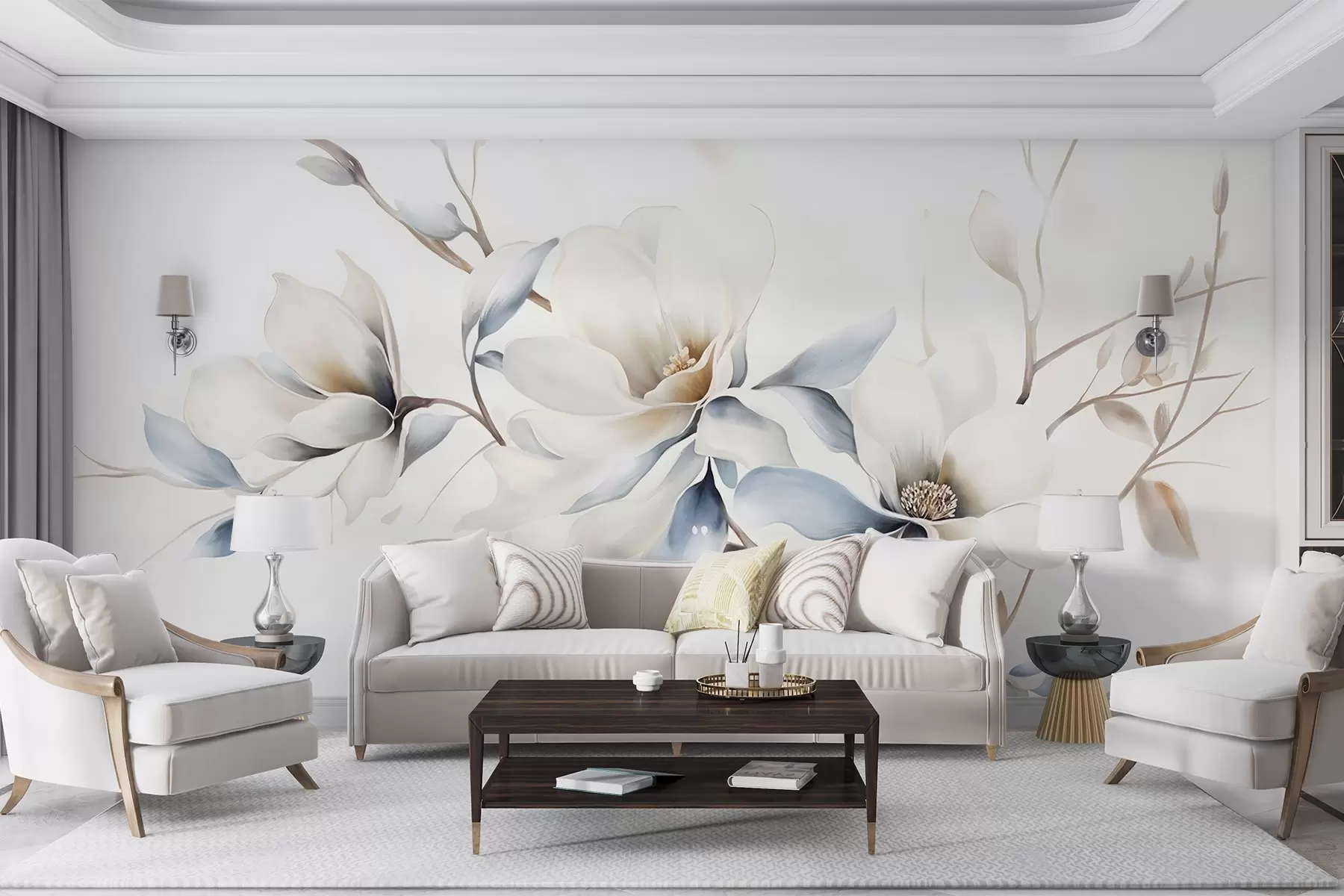 Fototapetes Maigi balti magnolijas ziedi ar maigi zilām ziedlapiņām uz gaiša fona akvareļu imitācija minimālisms  w08644