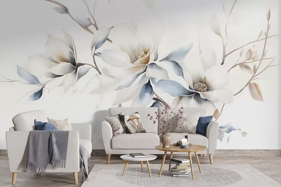 Fototapetes Maigi balti magnolijas ziedi ar maigi zilām ziedlapiņām uz gaiša fona akvareļu imitācija minimālisms  w08644