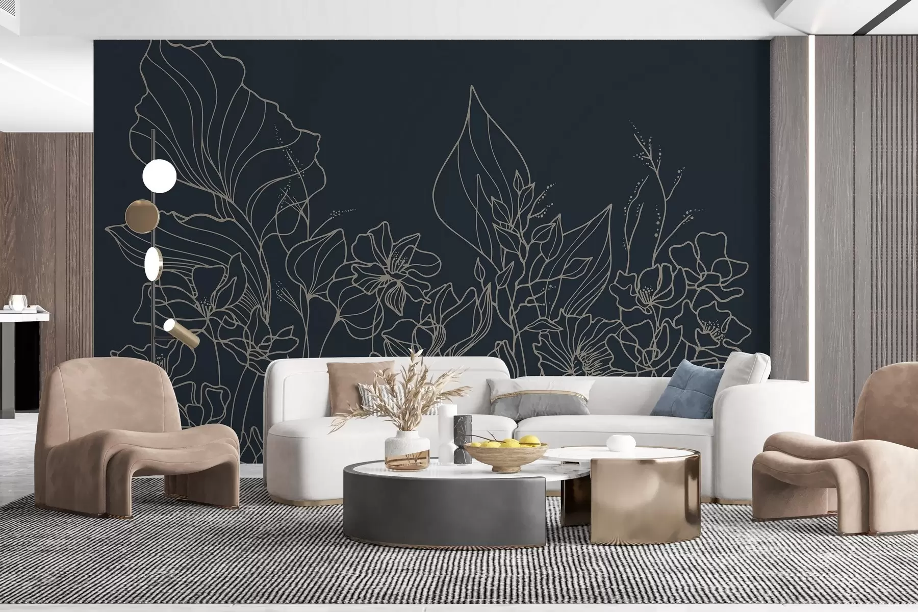 Fototapetes Eleganta ziedu līniju māksla uz tumši zila w02773v2