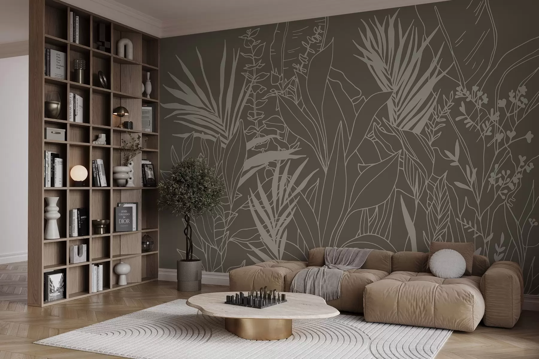 Fototapetes Botānisko līniju māksla uz zaļa fona w02775v1