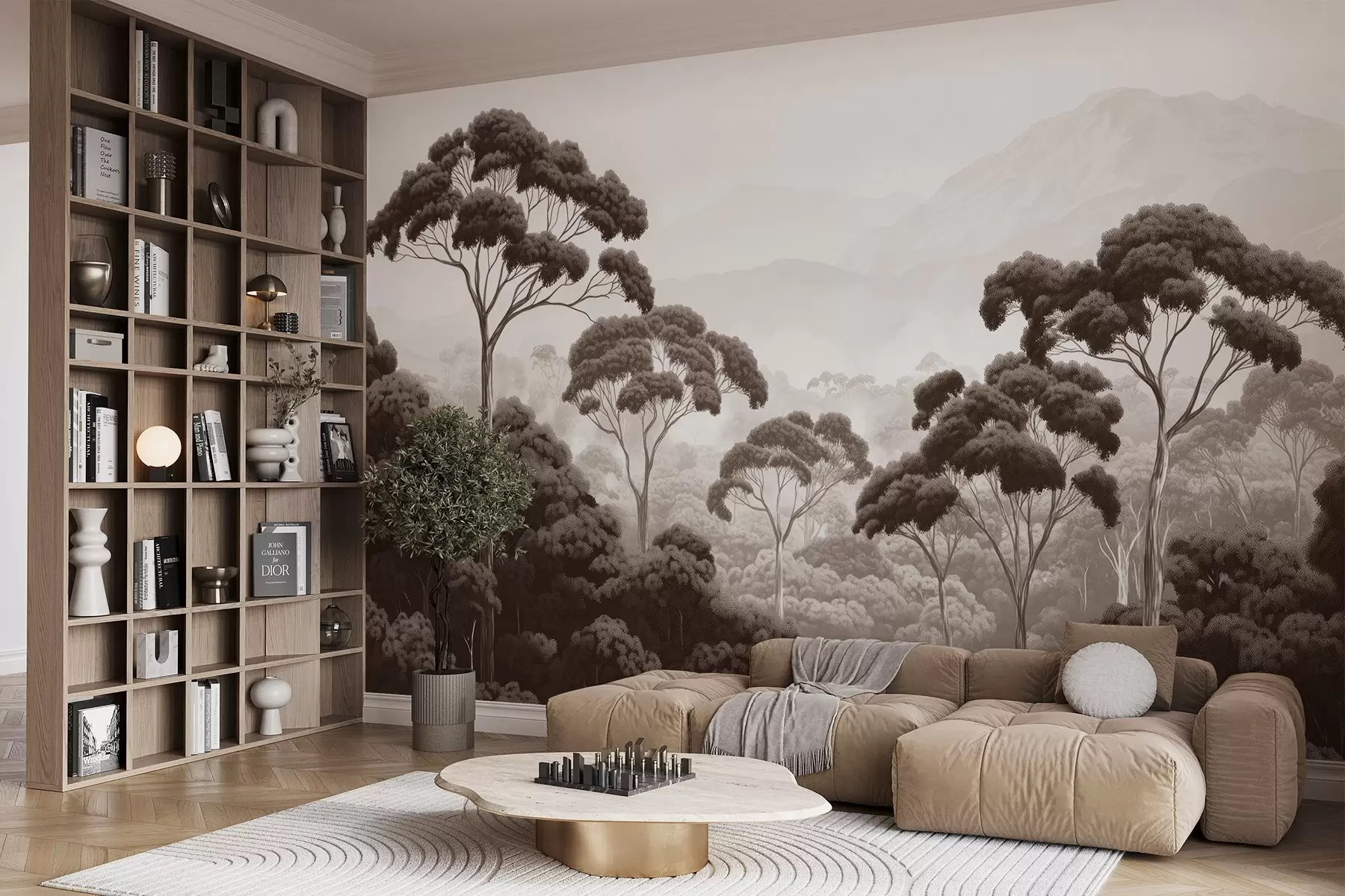 Fototapetes Džungļu mežs, kalni, tropu, daba, lieli koki, brūnas krāsas w02739v2