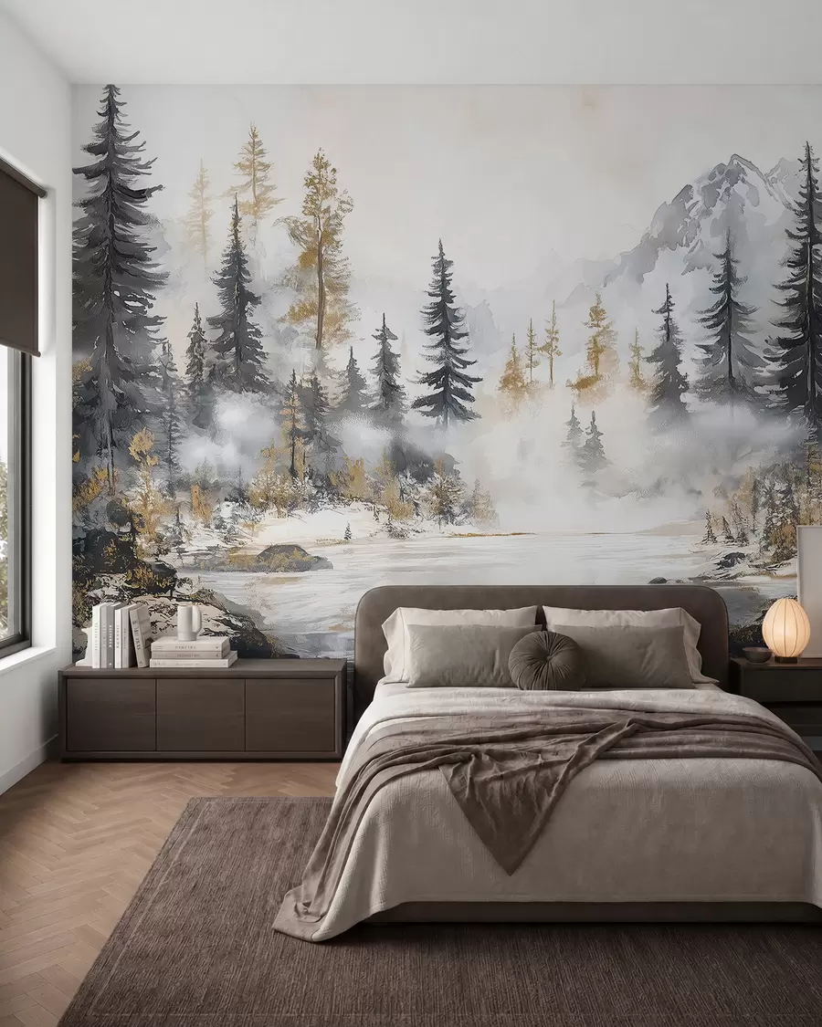 Fototapetes Ziemas ainava ar ezeru un mežu, kalni, pasteļstils darwing w02741