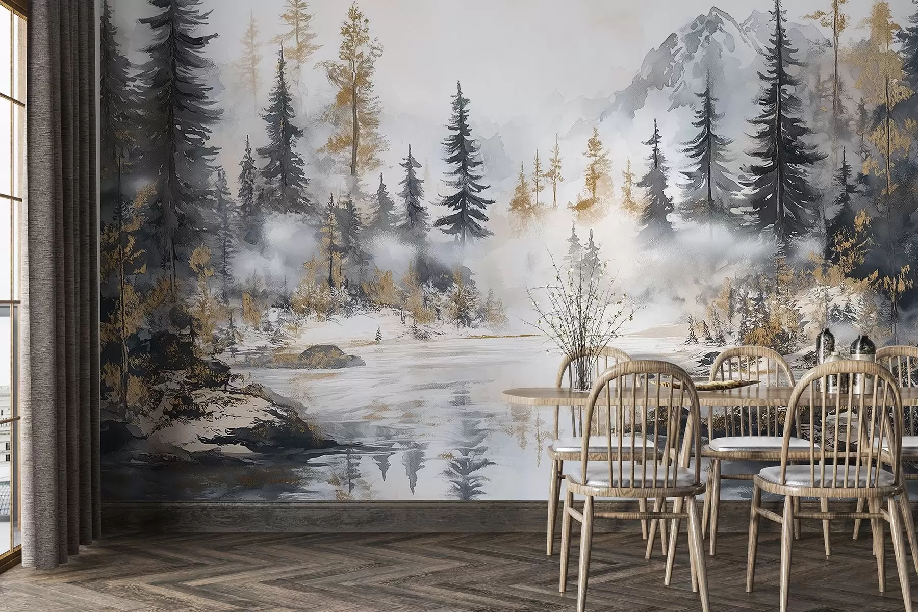 Fototapetes Ziemas ainava ar ezeru un mežu, kalni, pasteļstils darwing w02741