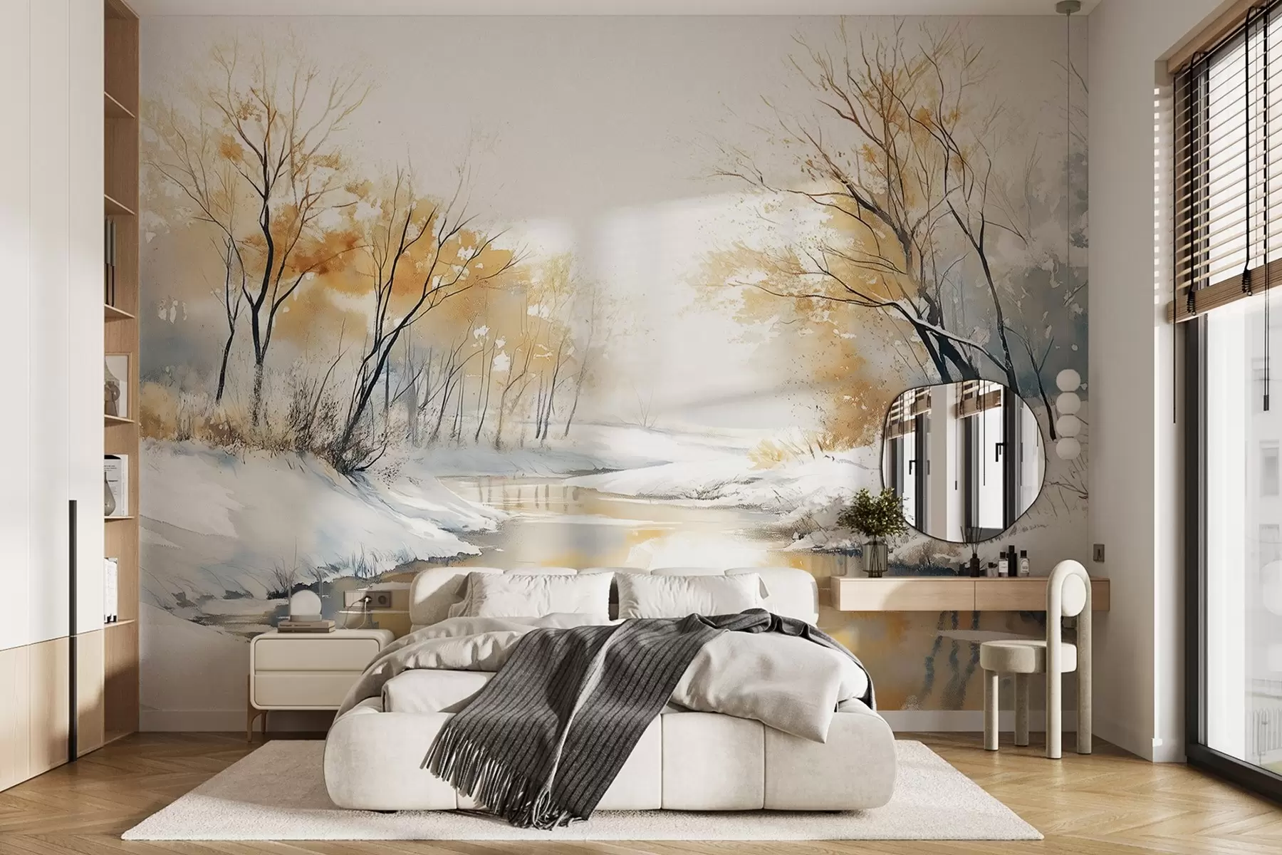 Fototapetes Ziemas upes ainava ar mežu, akvareļa stila zīmējums w02743