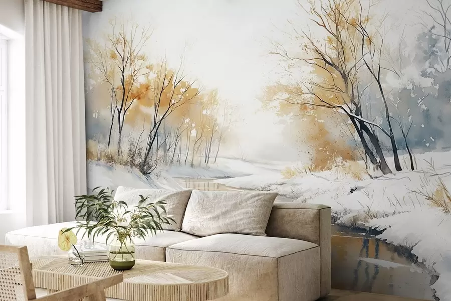 Fototapetes Ziemas upes ainava ar mežu, akvareļa stila zīmējums w02743