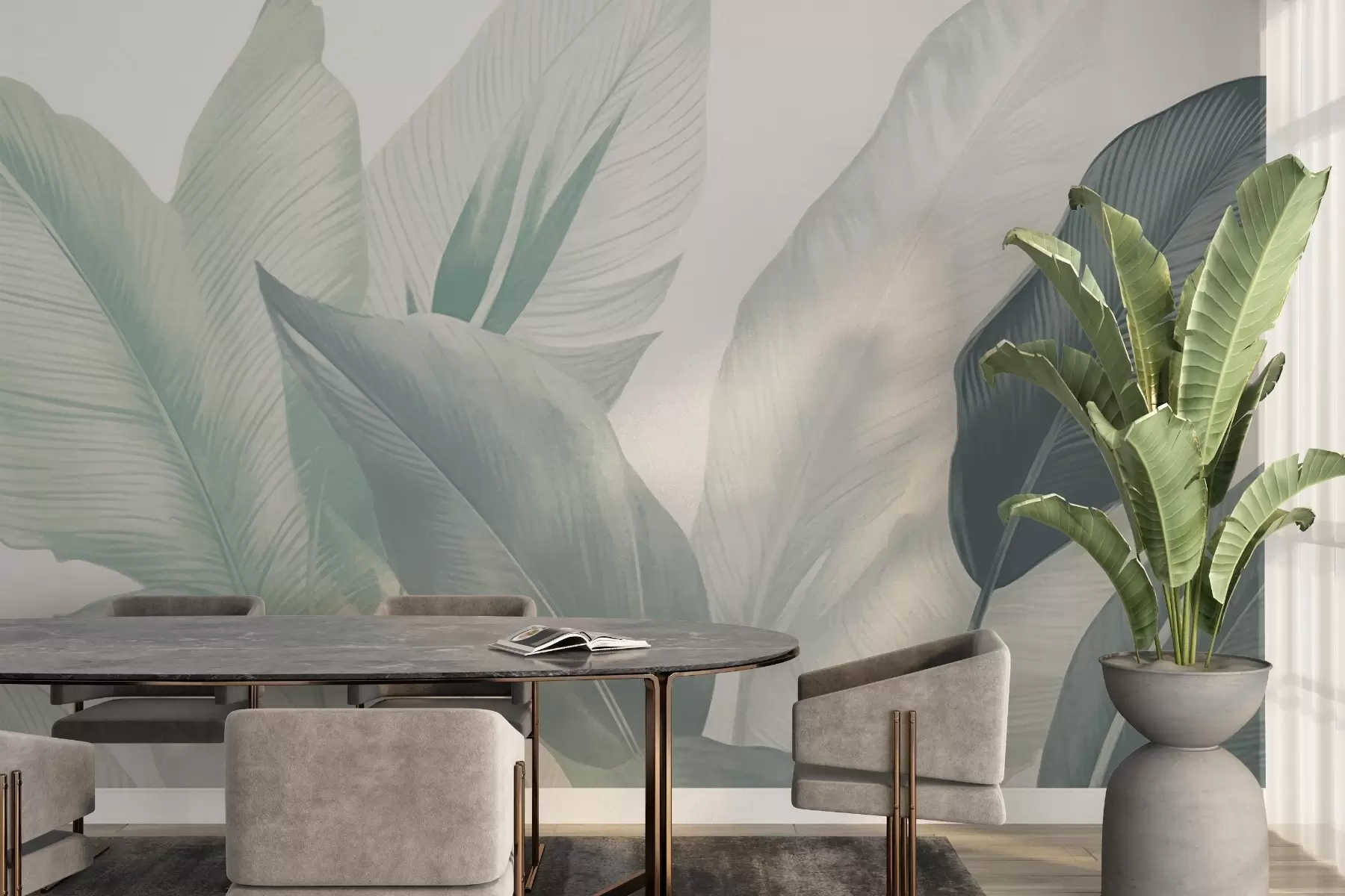 Fototapetes Tropu lapas maigi zaļos un baltos toņos, ar akvareļu pārejas un maigām faktūras detaļām w02854v2