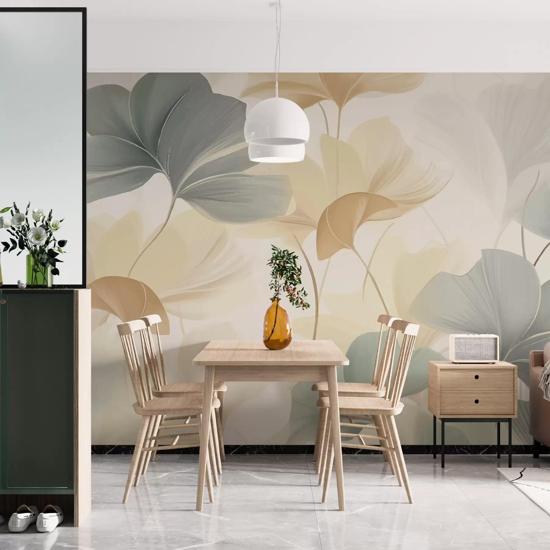 Fototapetes Ginkgo lapu raksts maigos pasteļtoņos, kas apvieno zaļus, dzeltenus un krēmkrāsas toņus, lai radītu vieglu un gaisīgu sajūtu w02855