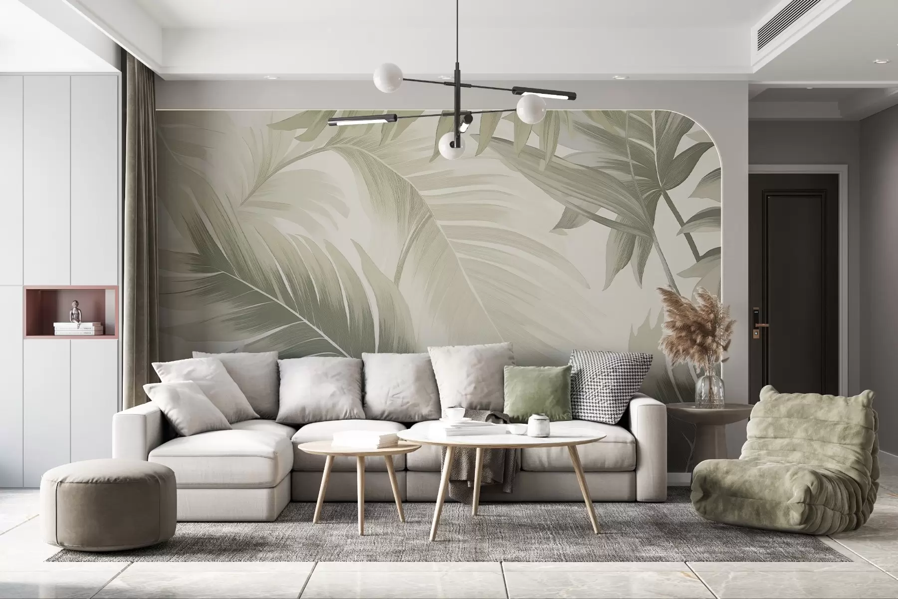 Fototapetes Lielu tropu lapu raksts maigi zaļos un bēšos toņos, ar gludiem gradientiem un maigām faktūras detaļām w02858
