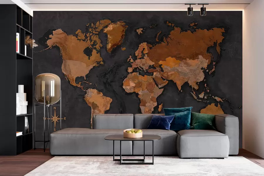 Fototapetes Pasaules karte uz grunge sienas ar betona efektu w02552