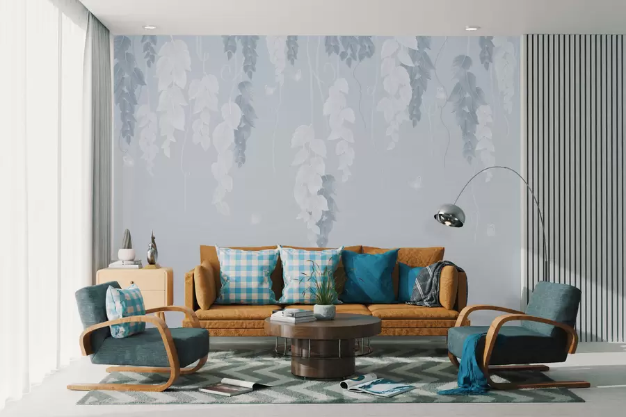 Fototapetes Zilā krāsā karājas lapas un tauriņi w02655v1