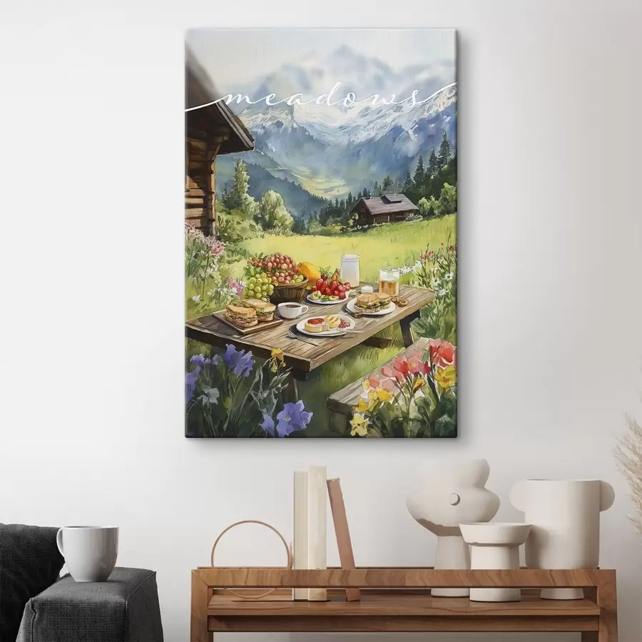 Glezna Kalnu ainavas, vasaras pļava, koka mājas, brokastis s42425