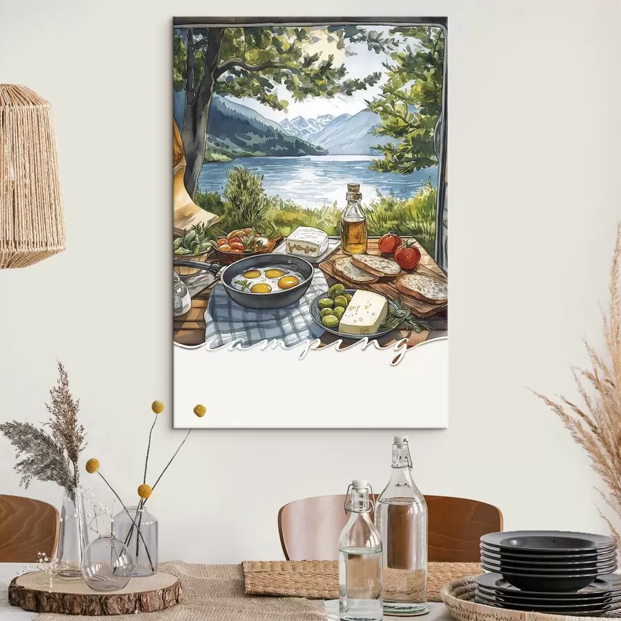 Glezna Kempinga estētika, akvareļu stils, vasaras ezers, daba, pārtika s42428