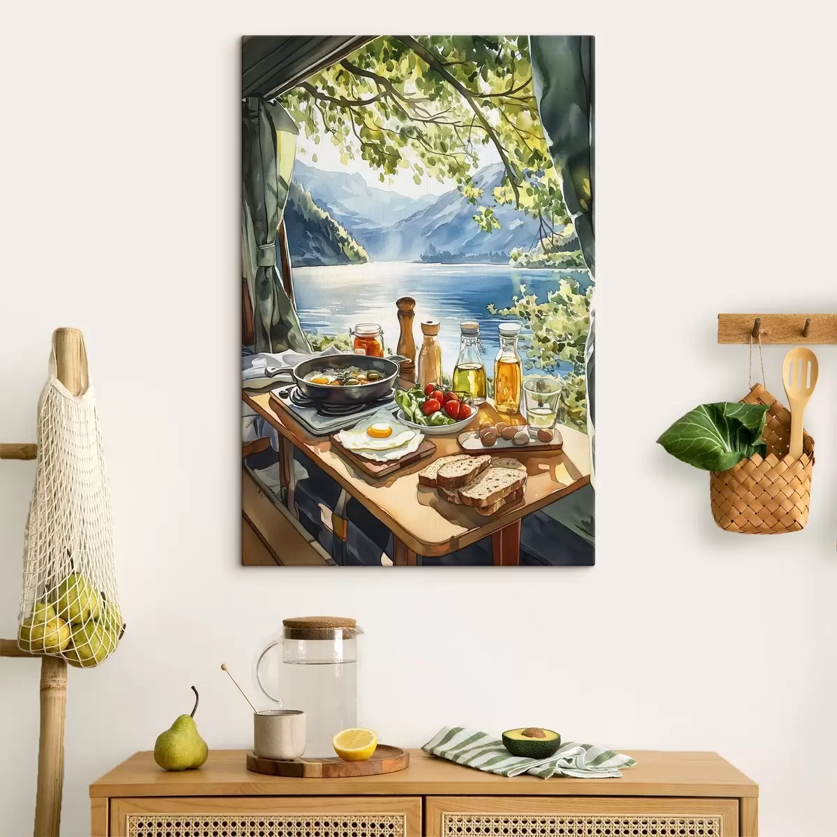 Glezna Skaists vasaras rīts, ezers, akvareļu stilā, brokastis, ceļošana s42433