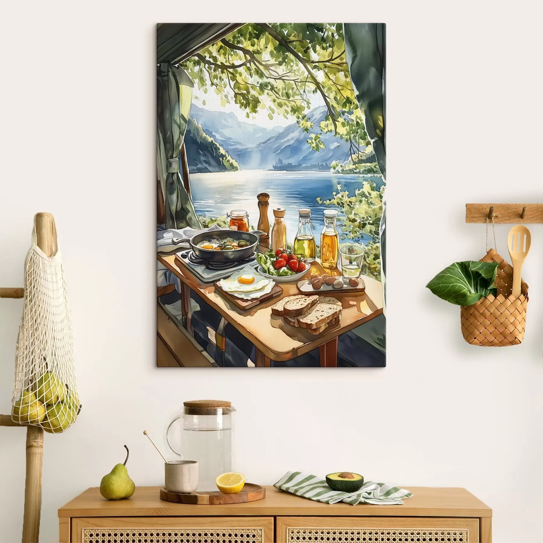 Fototapetes Skaists vasaras rīts, ezers, akvareļu stilā, brokastis, ceļošana s42433