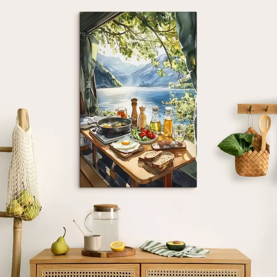 Glezna Skaists vasaras rīts, ezers, akvareļu stilā, brokastis, ceļošana s42433