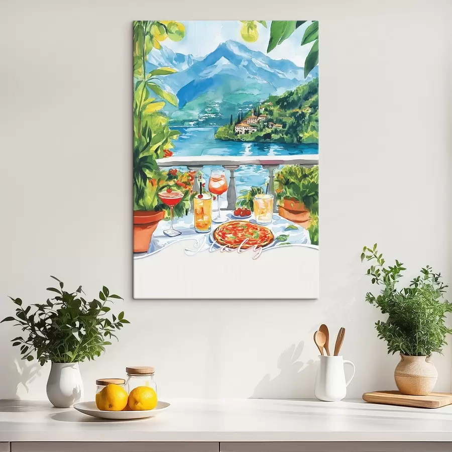 Glezna Itālija estētika, akvareļu stils, pica un kokteiļi, kalni s42434