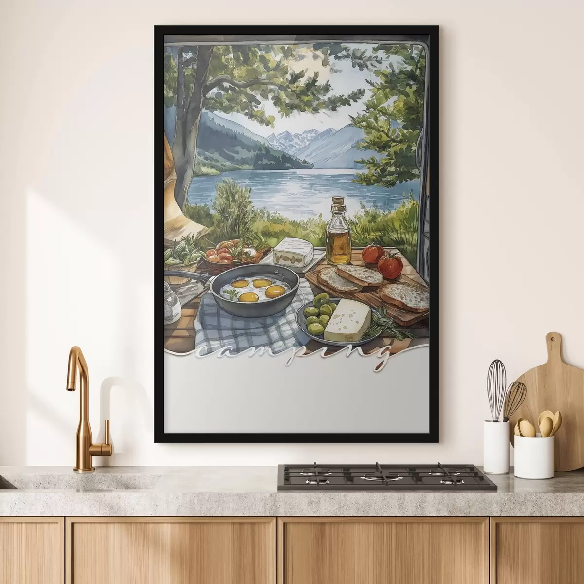 Plakāts Kempinga estētika, akvareļu stils, vasaras ezers, daba, pārtika f42428