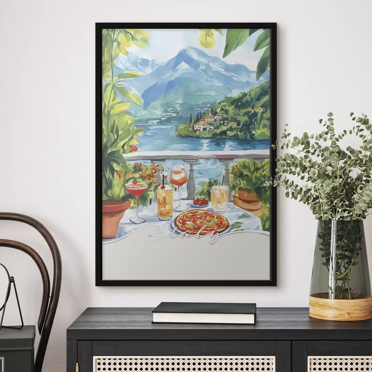 Plakāts Itālija estētika, akvareļu stils, pica un kokteiļi, kalni f42434