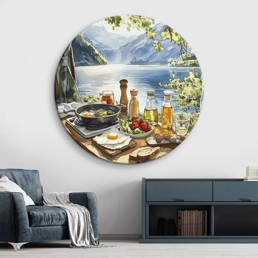 Glezna Skaists vasaras rīts, ezers, akvareļu stilā, brokastis, ceļošana r42433