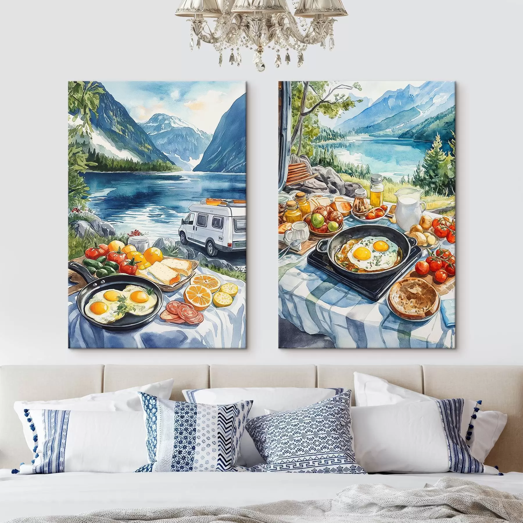 Glezna Brokastis dabā, ceļošana, āra dzīvesveids, akvareļu stils, Norvēģija m00404