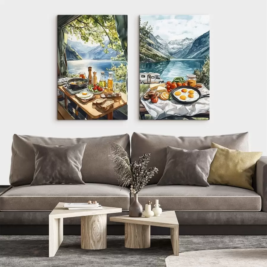 Glezna Kempings, estētiskas brokastis pie ezera, akvareļu stilā m00405