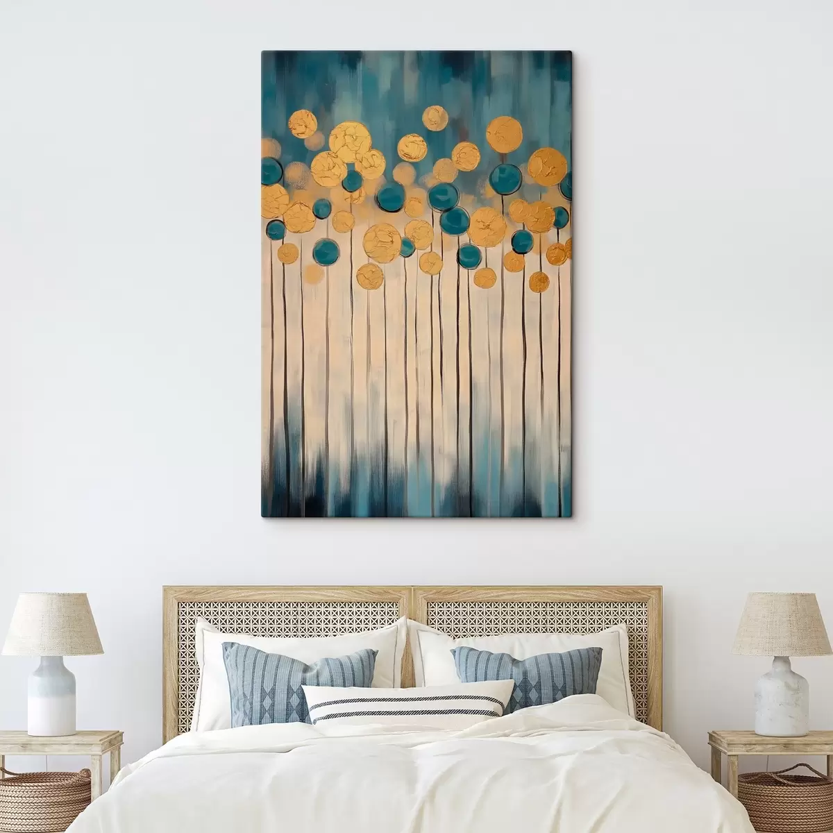 Glezna Dekoratīva abstrakcija ar apaļiem elementiem uz zila un bēša fona s42476