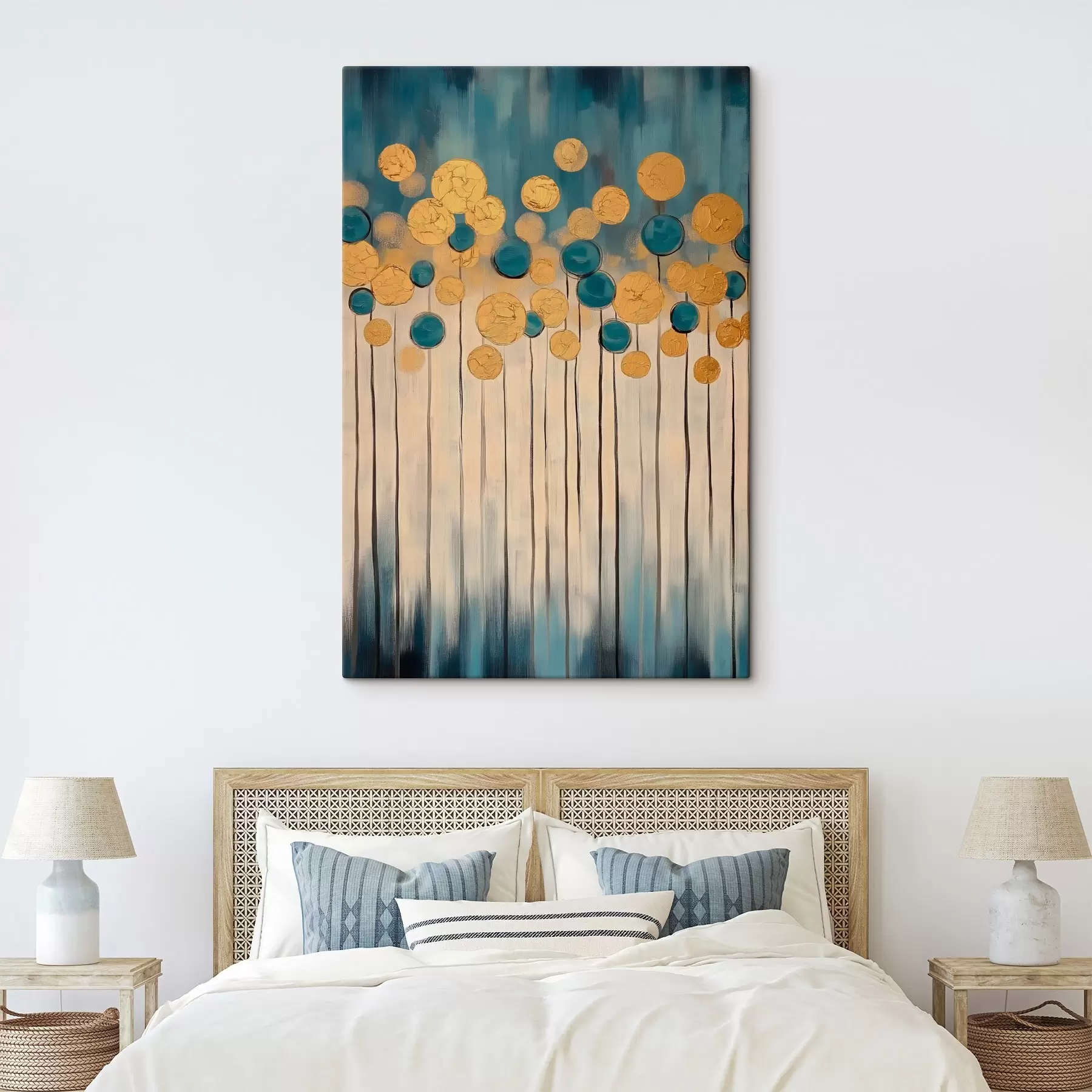 Glezna Dekoratīva abstrakcija ar apaļiem elementiem uz zila un bēša fona s42476