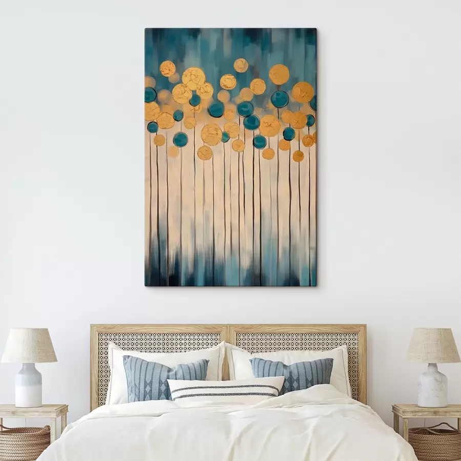 Glezna Dekoratīva abstrakcija ar apaļiem elementiem uz zila un bēša fona s42476