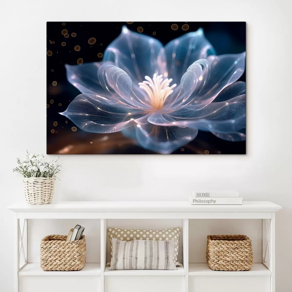 Glezna Gaišs zieds ar caurspīdīgām ziedlapiņām uz tumša fona s42488