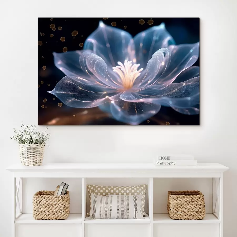 Glezna Gaišs zieds ar caurspīdīgām ziedlapiņām uz tumša fona s42488