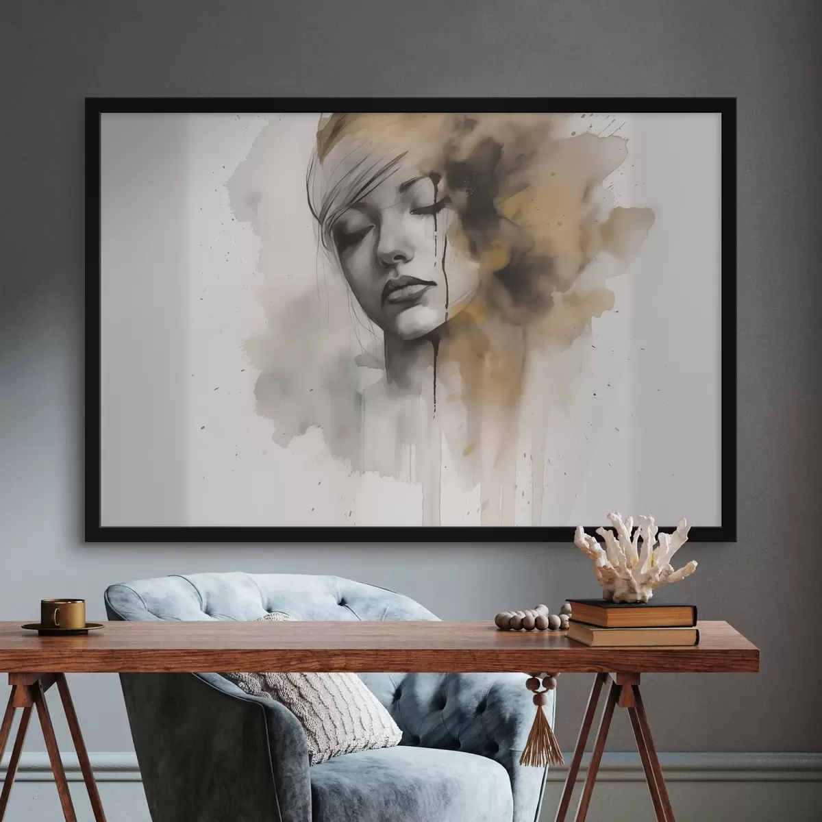 Plakāts Meitenes portrets akvareļa tehnikā ar abstraktām ēnām f42474