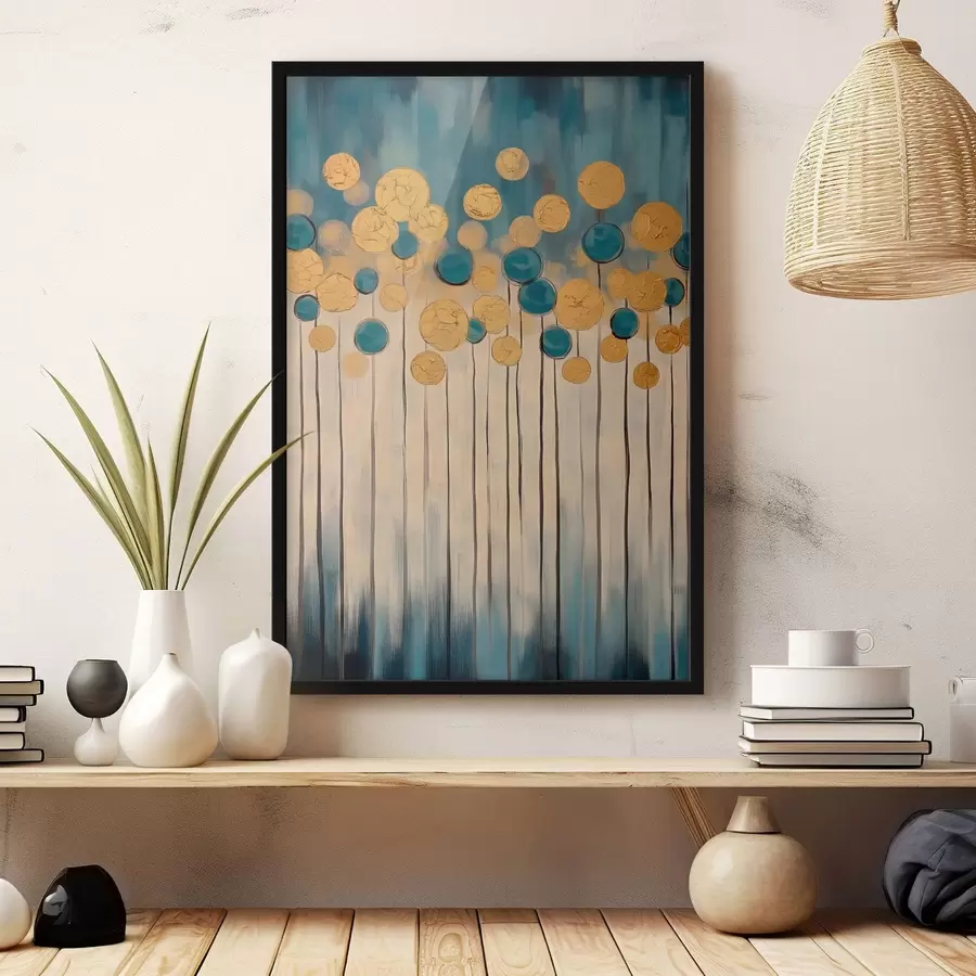 Glezna Dekoratīva abstrakcija ar apaļiem elementiem uz zila un bēša fona f42476