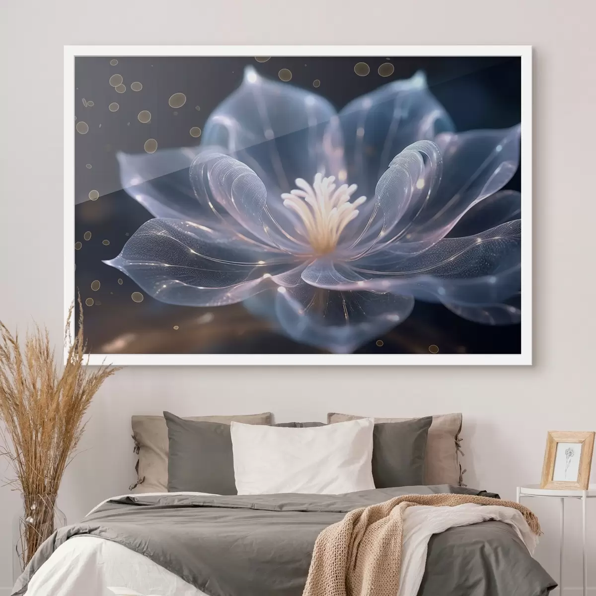 Plakāts Gaišs zieds ar caurspīdīgām ziedlapiņām uz tumša fona f42488